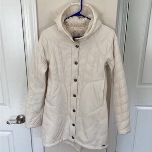 prAna Long Hooded Quilted Jacket full Sherpa Lining, Cream colored, Small